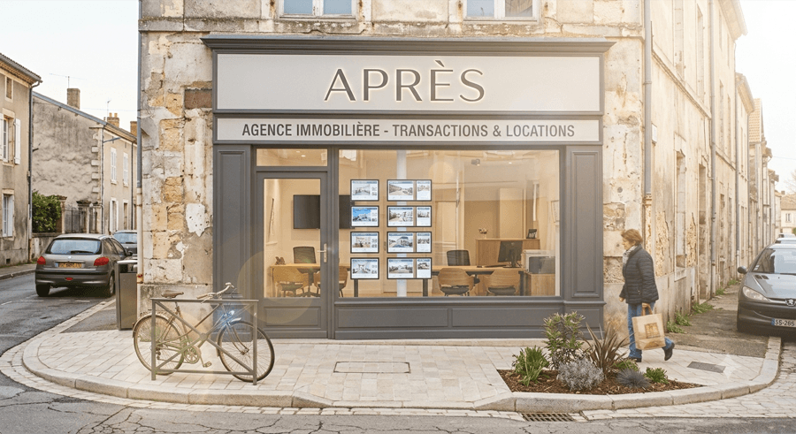 Vitrine d'une agence immobilière avec Framora, rénovée et attractive
