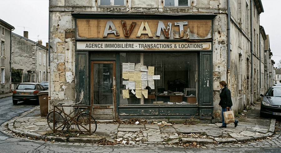 Vitrine d'une agence immobilière avant Framora, vétuste et peu visible